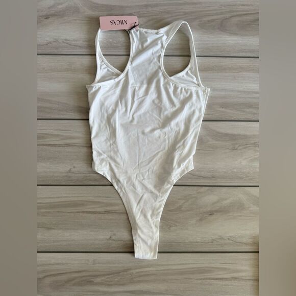 MICAS Basic Solid Deep-V Neck Bustier Bodysuit White Small NWT IN PKG - Picture 6 of 9